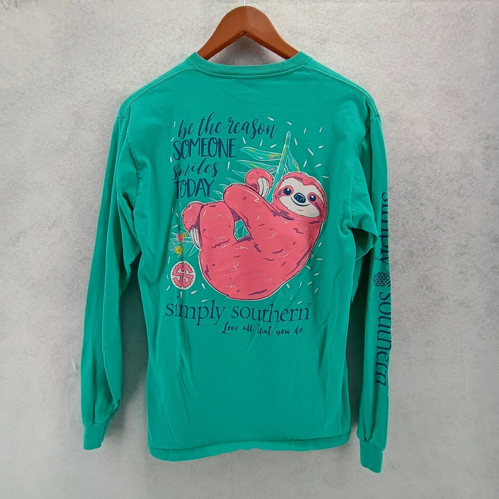 Simply Southern Womens Sloth Graphic Long Sleeve T-Shirt Green Cotton Medium M